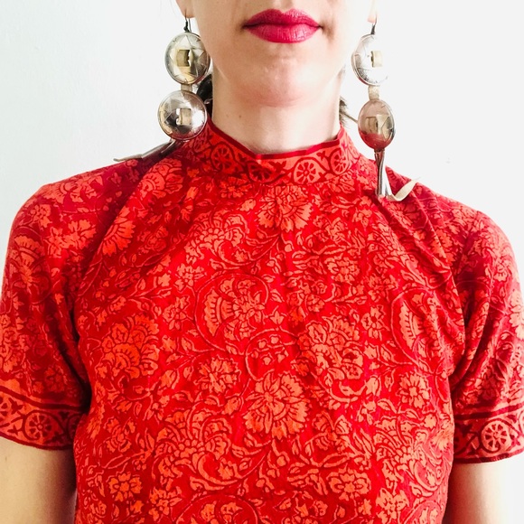 90s VTG Cotton Orange Indian Floral Handblock Printed Summer Dress Size Small - Picture 3 of 8